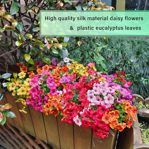 28 Bundles Artificial Plants & Flowers Silk Fake Flowers UV Resistant Bushes Plastic Artificial Flowers Faux Outdoor Indoor Plants for Spring Summer Patio Decorations(7 Colors)