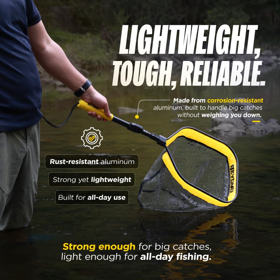 Beyond Braid Floating Fishing Net with Handle – Folding Fishing Net for Easy Storage – Telescopic Landing Net for Bass, Trout, Kayak & Boat Fishing – Durable, Lightweight & Fish Friendly