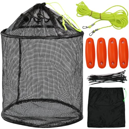 Drasry Large Portable Floating Fishing Basket for Caught Bait Shrimp Minnow Crab Live Well Coated Nylon Net Mesh Collapsible Storage Cage Rubber Kayak Fish Net Bucket - color: Black, size: 12.6 * 12.6* 15"