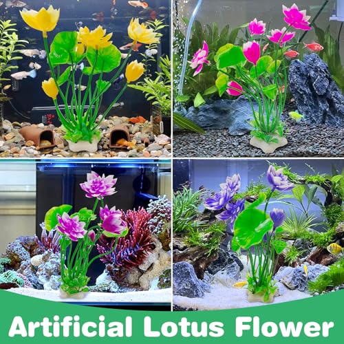 Hamiledyi 2 Pcs Artificial Lotus Flowers with Small Artificial Seaweed Plants Fish Tank Plastic Plants Decorations Purple and White-Purple Blossoms Artificial Water Plants Perfect for Aquarium Decor