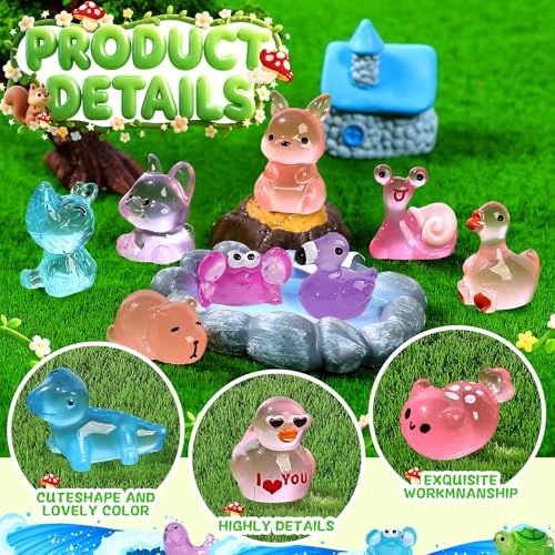 EKisemio 180pcs Mini Resin Animals Glow in The Dark, Luminous Plastic Animals Variety Pack, Tiny Resin Figures to Hide, Miniature Figurines for Micro Landscape Fairy Aquarium Dollhouse Décor Desk Pets