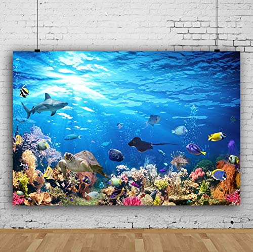 Underwater World Ocean Backdrop Blue Ocean Coral Reef Turtle Shark Tropical Fish Under The Sea Aquarium Decorations Background Birthday Party Cake Table Studio Props 5x3ft - color: Aqua Blue, size: 5x3ft (150x90cm)