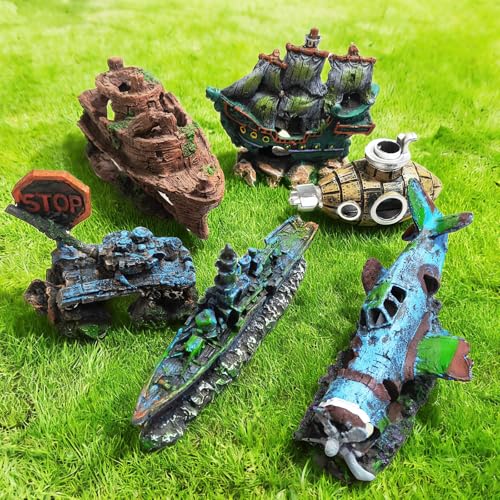 Aquarium Accessories - Resin Sunken Warship Ornament Set, Fish Castle | Betta Fish Hideout Cave, 10 Artificial Aquatic Plants, 30-40 Seashells, 1 Floating Diver, Fish Tank Shipwreck Accessories - color: Warship