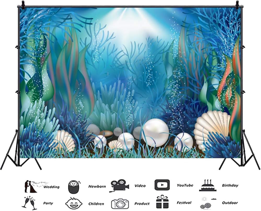 AOFOTO 12x10ft Fairytale Undersea Pearl Shell Backdrop Deep Sea Plants Coral Pearl Mussels Underwater Mermaid's Shelter Background for Photography Happy Birthday Party Banner Baby Shower Photo Booth - size: 12x10ft