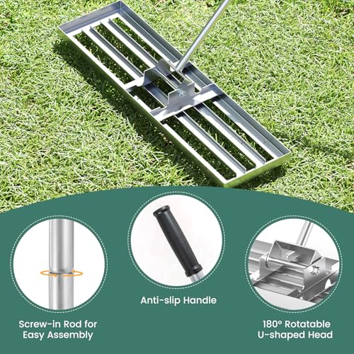 Goplus Lawn Leveling Rake, 36" x 10" Heavy Duty Level Lawn Tool w/ Ergonomic Handle for Soil, Effort-Saving Landscape Rake for Garden, Backyard, Golf Course, Farm, Pasture, Silver - style: 36" x 10", Silver
