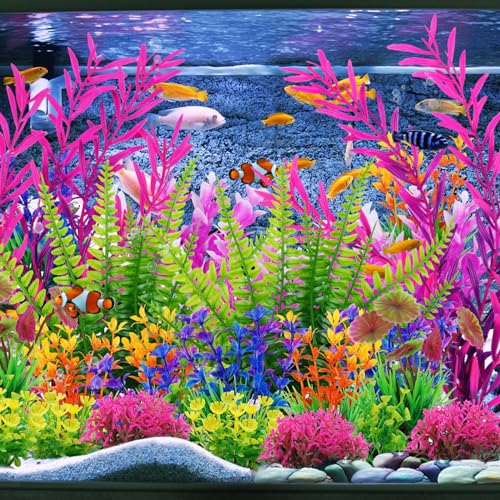 QUOZUO 25 Pack Aquarium Plants, Fish Tank Decor Colorful Plants Artificial Aquarium Decorations for Household and Office Aquarium Simulation, Small to Large