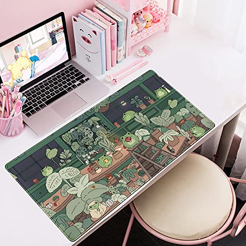Cute Frog Mouse Pad Desk Pad Kawaii Green Desk Decor Mat, Large Gaming Mouse Pad for Desk Computer Keyboard Laptop, Home Office Accessories for Girl (31.5x15.7 in)-with Stitched Eges Pad - color: Green Bean Frog