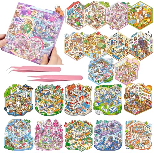 3D Sticker Scene Book for Adults, 20pcs DIY House Stickers Therapy Stress Relief DIY Craft with 2 Tweezers, Creative Funny Gift for Christmas - color: B2-box-20sets