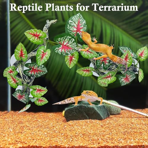 kathson 2 PCS Reptile Corner Branch Resin Snake Climbing Accessories with Leaves Terrarium Plant Decoration with Suction Cup Lizard Plant Ornament for Frog Bearded Dragon Gecko Spider Climbing - color: Green With Red