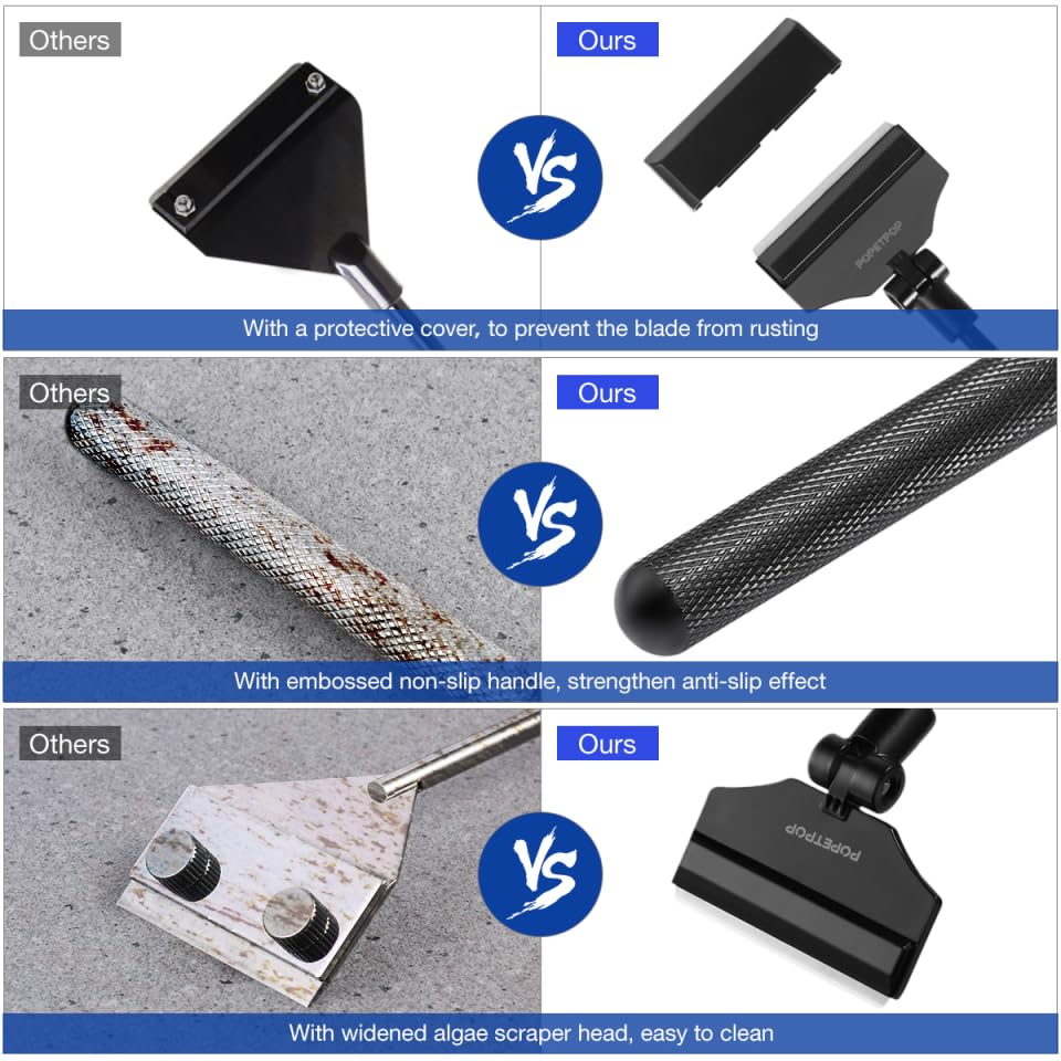 POPETPOP 26-Inch Aquarium Scraper – Rust-Proof Alloy Blade Cleaner Kit with 10 Replacements, Adjustable Long Handle Keeps Hands Dry for Glass Reef & Freshwater Tanks
