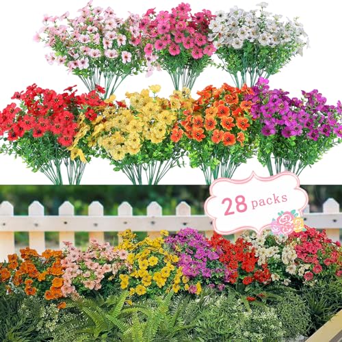 28 Bundles Artificial Plants & Flowers Silk Fake Flowers UV Resistant Bushes Plastic Artificial Flowers Faux Outdoor Indoor Plants for Spring Summer Patio Decorations(7 Colors)
