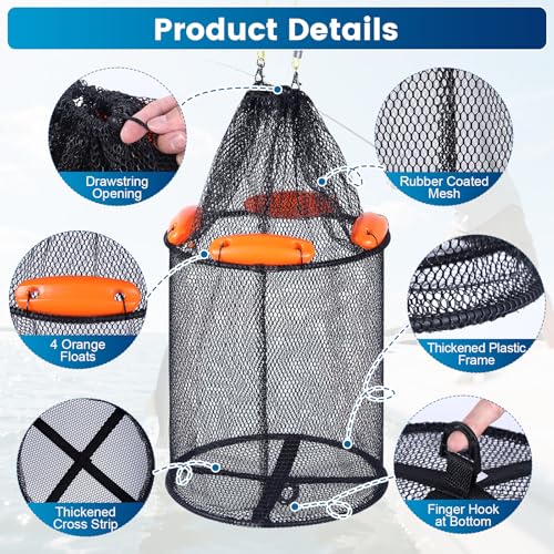 Large Foldable Floating Fishing Basket for Live Caught Fish, Collapsible Rubber-Coated Fish Net Kayak Bait Storage Cage with 5M Double Hook Nylon Rope and 6 Cable Ties, 1 Storage Bag