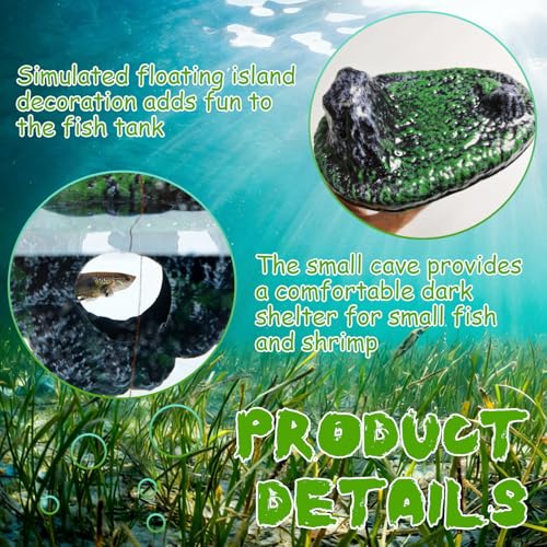 Aquarium Floating Island Decoration with Interactive Fish Feeding Hook, Floating Betta Hide and Shrimp Cave, Aquarium Decor with Hideout Tunnel, Betta Fish Hammock