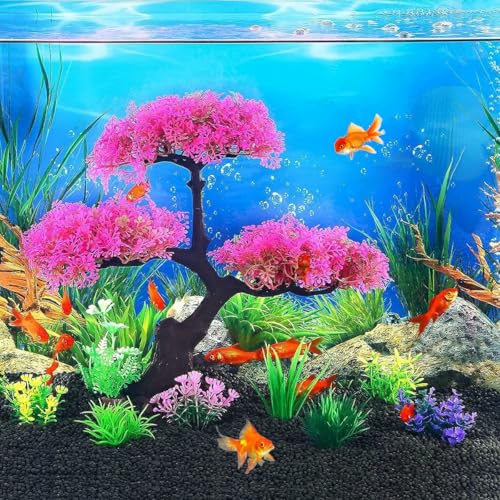 Artificial Aquarium Plants, Fish Tank Decorations, 10 Pcs Cherry Blossom Aquarium Fish Tank Simulation Aquatic Grass Plastic Grass Pine Tree Combination(Pink)