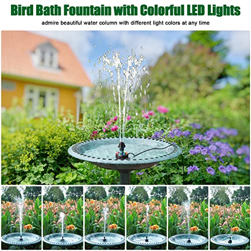 Bird Bath Fountains, Upgraded 24-Hours Working Bird Bath Fountain Pump with Light & 7 Nozzle, 16.4Ft Power Cord & Adapter, Adjustable Water Pump for Garden, Fish Tank, Outdoor (Colorful) - color: Colorful Lights-electric Powered