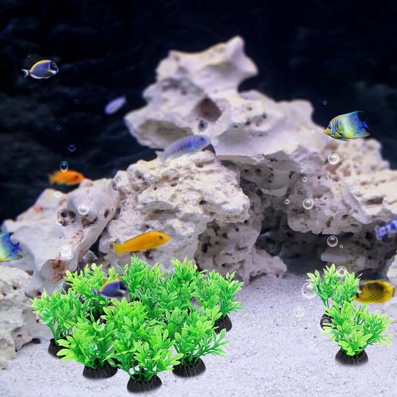 Aquarium Fish Tank Decorations 8PCS Small Green Artificial Plastic Fish Tank Plants Ornaments Safe for Betta Fish - color: Green and Black
