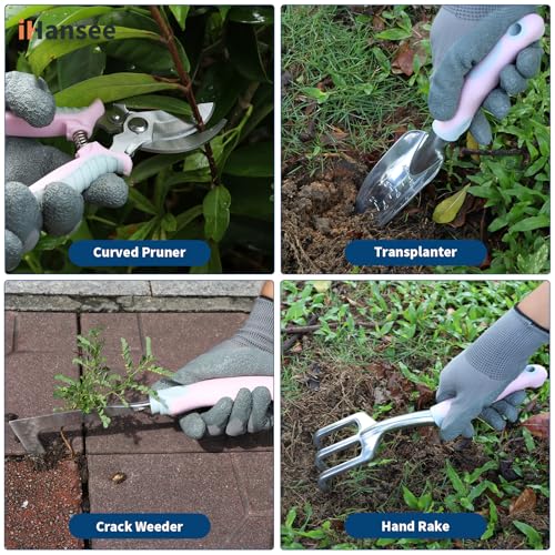Pink Garden Tool Sets 12 Pieces, iHansee Aluminum Gardening Hand Tools with Non-Slip Handle, Kneeling Pad, Apron, Gloves and Organizer Bag, Landscaping Tools - Gift for Women & Garden Enthusiasts - style: Pink