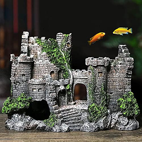 IBWell Ancient Castle Design Resin Aquarium Decoration Hideouts Stone Cave Hide House, Fish Tank Accessories for Betta Shrimp Turtle