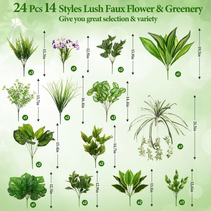 Livole 24Pcs 14 Styles Artificial Plants Outdoor Realistic UV Resistant Flowers Large Bunches Faux Greenery Stems Boston Fern for Garden Porch Planter Window Box Home Decor - size: 24Pcs