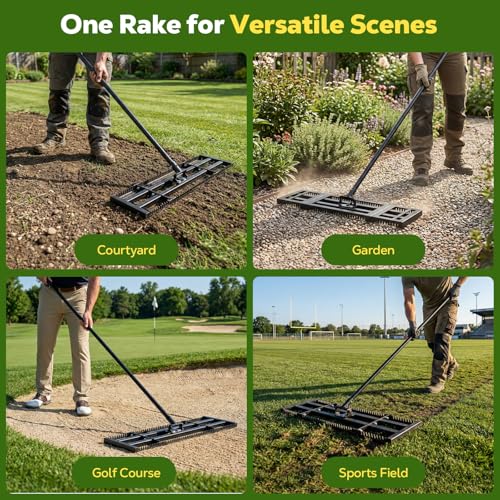 Roylvan Lawn Leveling Rake, 2-in-1 Double Side Lawn Leveler Tool with 32x10in Ground Plate & Adjustable 78in Handle, Heavy Duty Carbon Steel Landscape Leveler for Grass Yard Garden Soil Sand Gravel