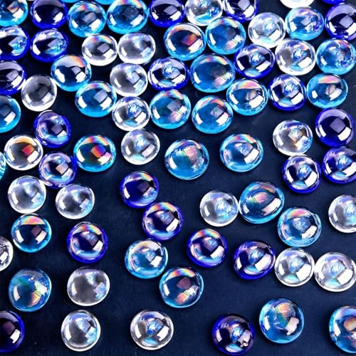 DomeStar 65PCS Iridescent Blue Flat Marbles, Decorative Glass Pebbles Beads Vase Fillers Decorative Fish Tank Aquarium Rocks for Centerpieces Table Decor