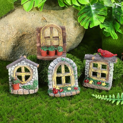 Veemoon 4 Pcs Fairy Garden Accessories Windows and Door Set, Synthetic Resin 2.36x1.97x0.79 Inch Aquarium Decor, Fish Tank Micro Landscape Flower Pot Home Office