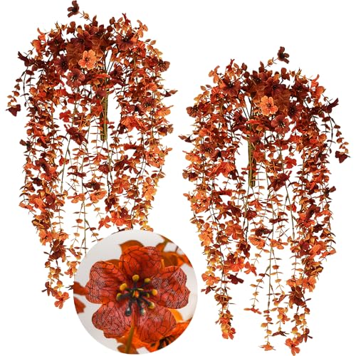 SzJias Artificial Hanging Plants for Outdoor Fall Flowers Hanging Fake Flowers Eucalyptus Leaf Faux Plants for Patio Porch Outdoor Plants Decor (4 Pcs, Fall) - color: Fall