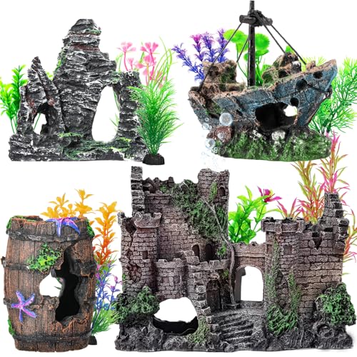 14 Pcs Aquarium Decorations Large Kit，Castle Fish Tank Bubbler Decorations，Starfish Barrel, Resin Cave Rock,Resin Material Sunken Ship,Aquarium Plants Large Fish Bowl Ornaments