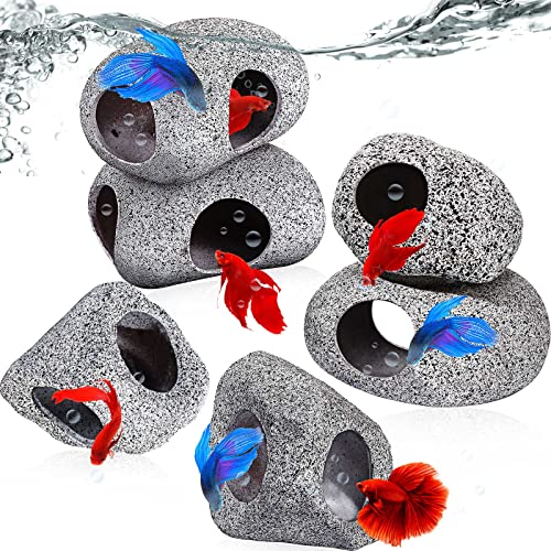 Cunhill 6 Pieces Aquarium Decoration Rock Caves Stackable Ceramic Fish Tank Hideout Cave Stone Ornaments Hideaway for Betta Shrimp Cichlid Hiding Breeding Spawning Decor