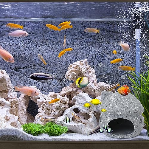 WishLotus Aquarium Cave Decoration, Durable Ceramic Fish Tank Decoration Mushroom House Aquarium Hidden Cave for Fish and Shrimp Rest Play and Natural Breeding (Grey) - color: Gray