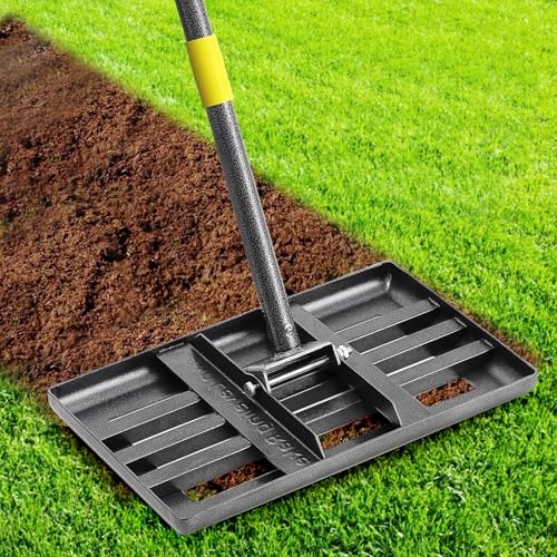 Lawn Leveling Rake, Heavy Duty 17"x10" Curved Ground Plate, 58" Long Handle Lawn Leveler Tool Landscape Rake for Compost Soil Dirt Sand Grass Peat Moss - style: 17X10" - 5FT