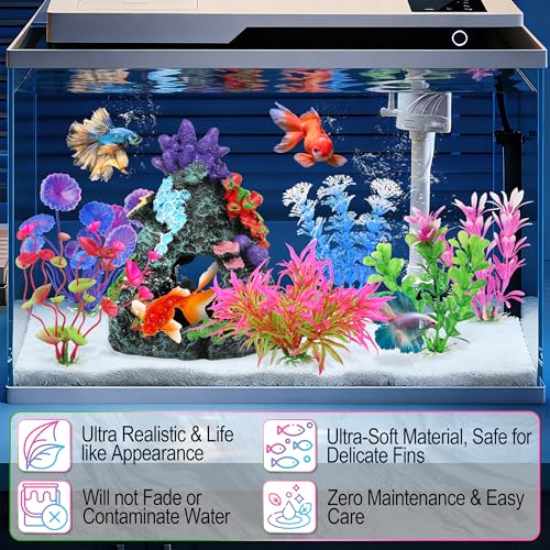MyLifeUNIT Fish Tank Plants, 7 Pieces Colorful Aquarium Plants and Coral Reef Set for Fish Tank Decoration, Mountain Cave Ornament for Betta, Goldfish to Breed, Play and Rest - color: Colorful