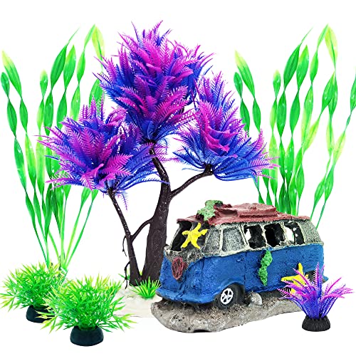 6PCS Fish Tank Aquarium Decorations Plastic Plants with Resin Cave Rock for Fish Hideout (Purple Set) - color: Purple & Green