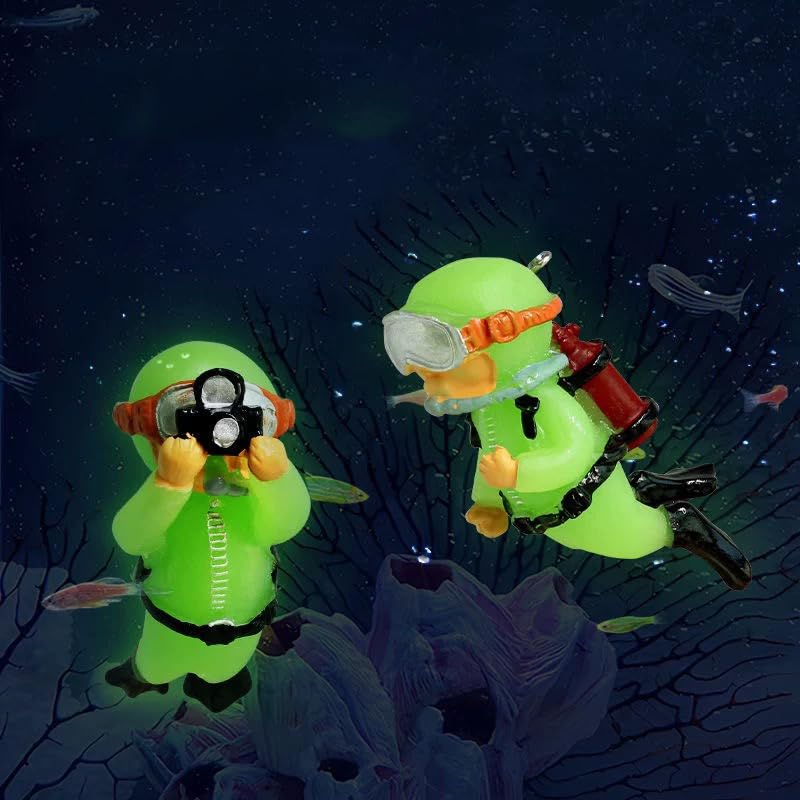 2-Pack Glow in Dark Tank Decorations, Cute Little Diver, Aquarium Decoration Accessories Ornaments with Float Ball, for Tanks (White& Green)