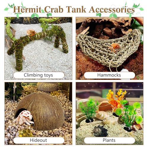 6 PCS Hermit Crab Accessories Small Bendable Moss Hermit Crab Climbing Toys Coconut Shell Hut Climbing Hammock with Suction Cup Plastic Plants for Reptile Amphibian - size: 4.72in