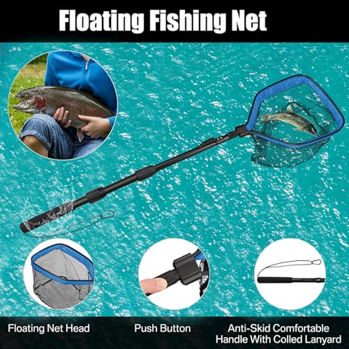 Yeahmart Floating Fishing Landing Net for Fresh & Saltwater, Foldable Telescopic Pole with Rubber Coated Mesh, Portable Collapsible Fish Net Gear for Kayak Boat Trout Bass, Blue, 31.5/39.3/47.2 inch - size: 31.5" Total Length (Fixed Handle)