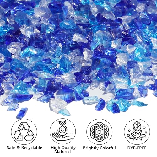 QYGL Crushed Glass for Resin Art, DIY Crafts, and Home Decor - 0.9LB Blue Mixed Broken Glass Pieces 3-6mm, for Vase Fillers, Tabletop Fire Pit, and Aquarium Rocks - color: Cobalt Blue, Aquamarine, White