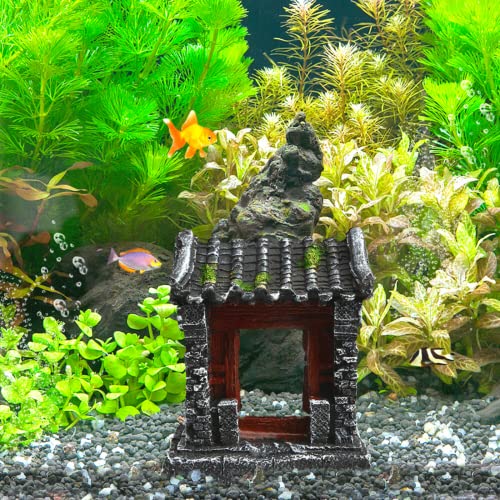 Saim Aquarium Decorations Classical Ancient Temple Ruins Ornament Chinese Old Building Decorations for Betta Fish Tank Fish to Sleep Rest Hide Play
