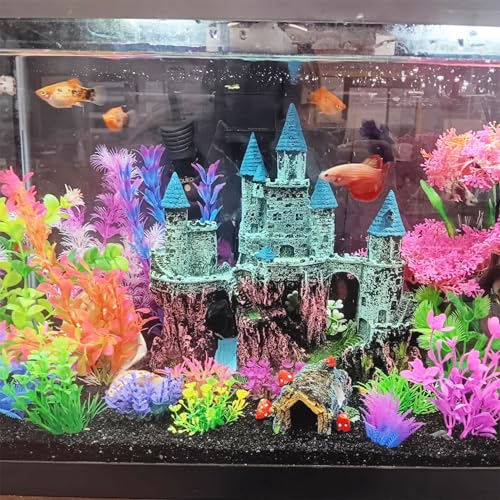 Aquarium Castle Decor, Resin Castle for Fish Tank with Randomly Color Plants Decorations Accessories for Freshwater and Saltwater Fish Tanks - color: 【blue】