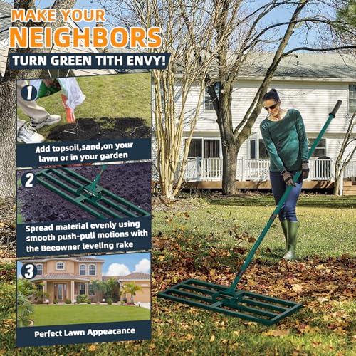 Lawn Leveling Rake Heavy Duty Stainless Steel Lawn Leveling Tool 30”x10” with 78” Adjustable Long Handle Leveling Rake for Soil,Ground,Backyard,Golf Field,Garden Tools Grass Seed Landscaping - style: 30"x10" Medium