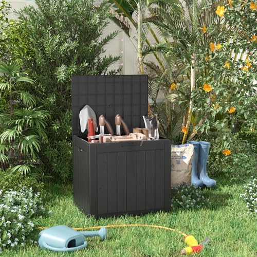 PatioZen 31 Gallon Resin Deck Box, Lockable Patio Outdoor Storage Box for Furniture, Garden Tools and Tools Storage, Waterproof Outside Storage Boxes - Black - color: Black, size: 31 Gallon