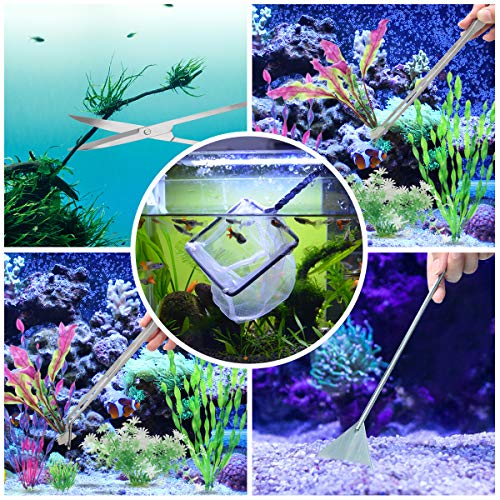 7 in 1 Aquarium Aquascape Tool Kit 15 inch, Aquatic Plant Extra Long Aquascaping Tool for Aquarium Fish Tanks Clean Accessories Set with Silver Tweezer Scissor Spatula, Fish Net, PH Paper, Bag