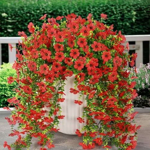 ZFProcess Artificial Hanging Flowers Plants for Outdoor Spring Summer Decoration, 2PCS Faux Silk Daisy UV Resistant Look Real for Outside Home Indoor Planter Porch Garden Yard Decor(Red) - color: A Red