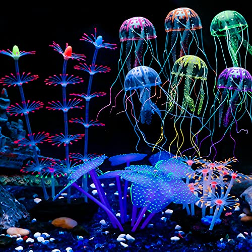 Uniclife 4 Pack Fish Tank Decorations Glowing Effect Aquarium Décor Small Silicone Artificial Jellyfish Coral Plant Ornament - color: Décor Kits
