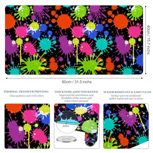 Desk Mat, Desk Matt for Desktop, Neon Paint Splatter XXL Large Gaming Mouse Pad with Non-Slip Rubber Base Stitched Edges Waterproof Keyboard Desk Pad for PC Gaming, Laptop, Computer, Work, Office - color: Pigment Paint Splashes, size: 31.5" x 15.7"