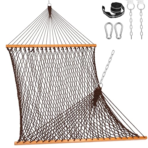Lazy Daze Hammocks Double Rope Hammock, 2 Person Traditional Outdoor Hand Woven Cotton Rope Hammock with Spreader Bar, Carabiners, Tree Straps, Chains for Patio Yard - Max 450 Lbs, Dark Brown - color: Dark Brown