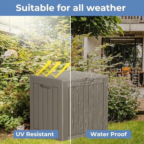 TARKARI 35 Gallon Small Waterproof Outdoor Storage Box, Resin Deck Box Lockable for Patio Furniture, Garden Tools, Pool Accessories, UV-Resistant for All Weather Use, Greige - color: Coffee, size: 35 GAL