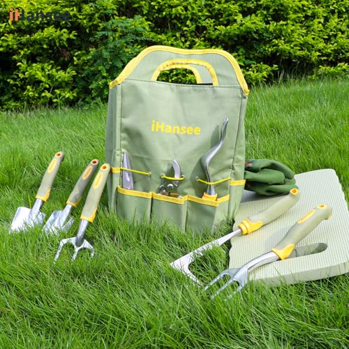 Set of 12 Garden Tool, iHansee Heavy-Duty Aluminum Gardening Hand Tools with Rubber Non-Slip Handle, Garden Apron, Gloves, Kneeling Pad and Storage Bag, Garden Hand Tools Starter Kit Landscaping Tools - style: Green