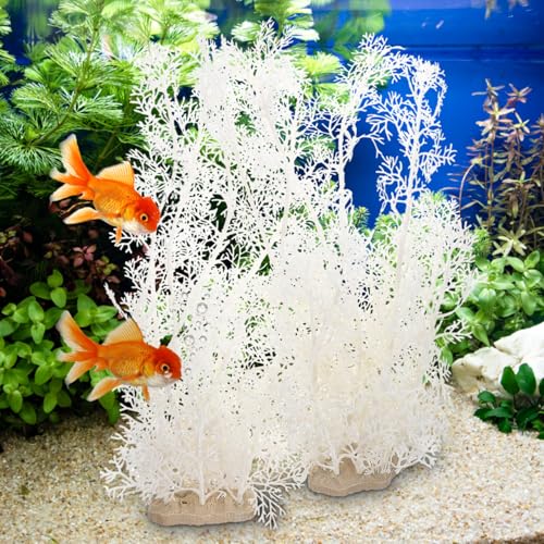DOITOOL Artificial Fish Tank Plants - 2 PCS Plastic Aquarium Decorations White Fish Tank Accessories Aquarium Decor Plastic Plants - 15.33 inch Tall (White)