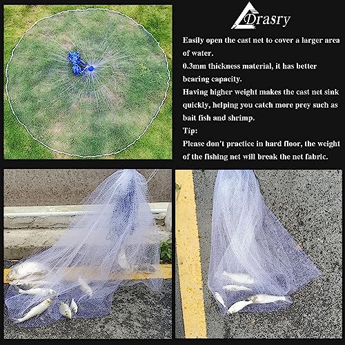 Drasry Saltwater Fishing Cast Net for Bait 3/8 1/4 or 1/2 with Heavy Sinkers Fish Trap Throw Net. Size 3ft/4ft/5ft/6ft/7ft/8ft/9ft/10ft Radius Freshwater Nets - size: 5FT (150cm) Radius, style: Lead Sinkers-3/8mesh-0.3mm Mono